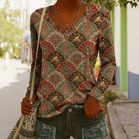 Women's Ethnic Print V-Neck Long-Sleeve Pullover Top