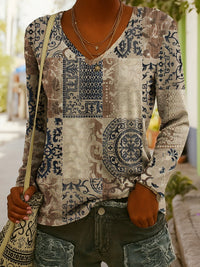 Women's Ethnic Print V-Neck Long-Sleeve Pullover Top
