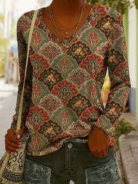 Women's Ethnic Print V-Neck Long-Sleeve Pullover Top