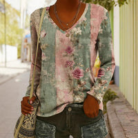 Women's Ethnic Print V-Neck Long-Sleeve Pullover Top