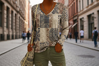 Women's Ethnic Print V-Neck Long-Sleeve Pullover Top