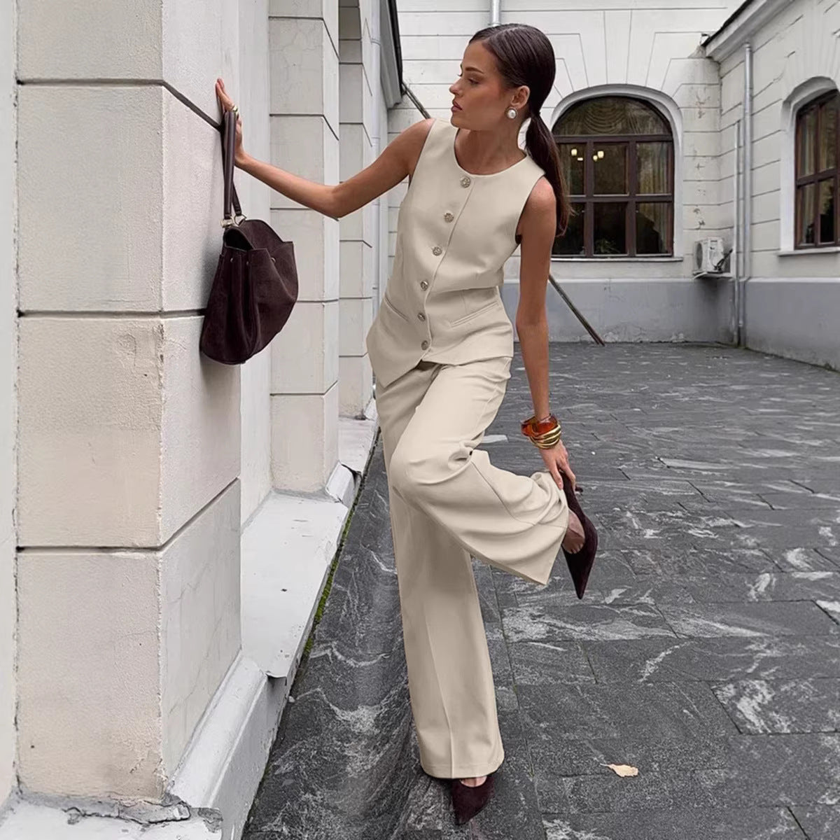 Elegant Commuter Vest And Wide-Leg Pants Two-Piece Set (see size chart under more details)