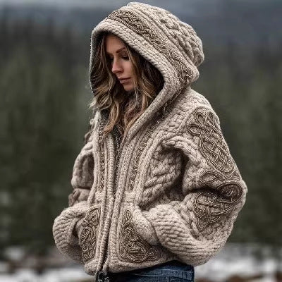 Womens Fashionable Printed Hooded Zip-Up Cardigan Sweater