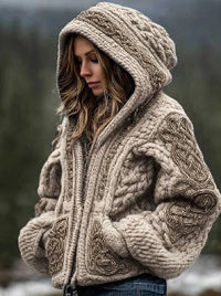 Womens Fashionable Printed Hooded Zip-Up Cardigan Sweater