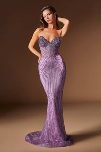 Ladivine J903 Lavish Crystal Encrusted Sheer Corset Bodice Fitted Gown