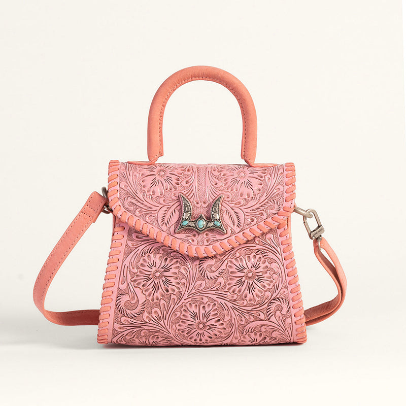 Loyal West Leon Mini Handle Purse - Pink Handtooled Leather & Calfskin