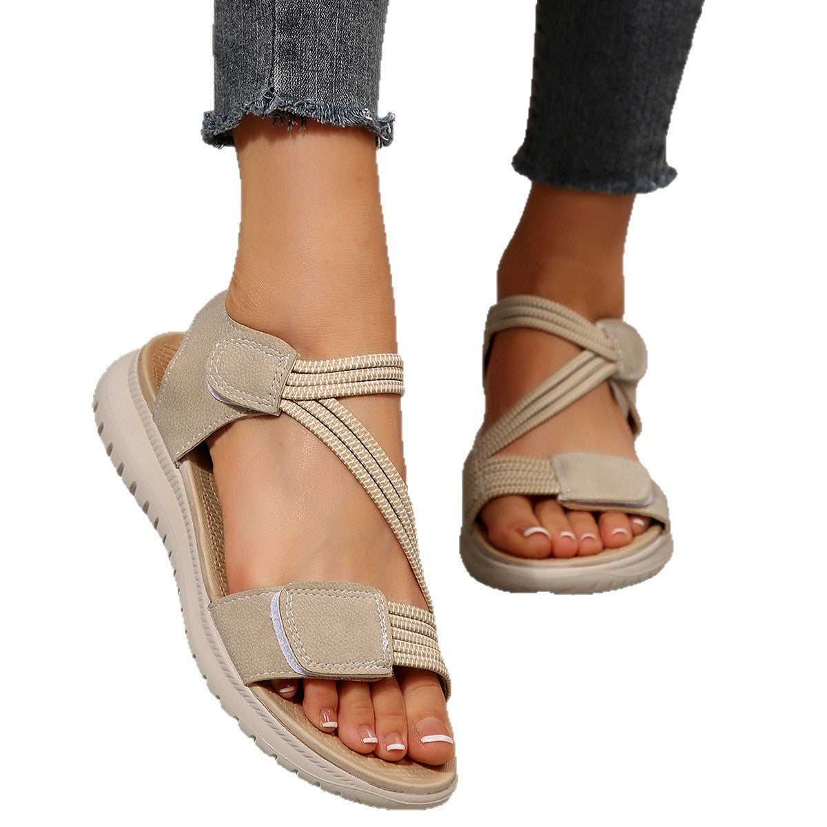 Women's Platform Beach Sandals – Velcro Closure, Rubber Sole | Black, Off-White, Navy Blue