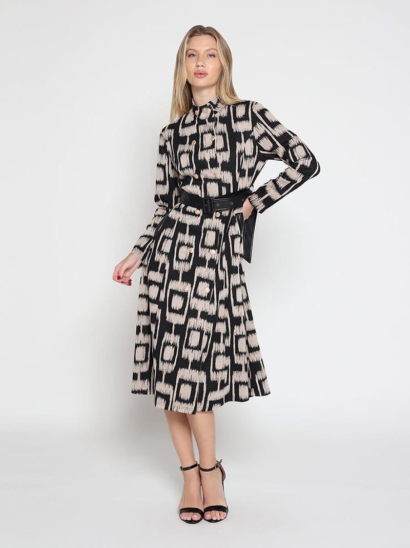 Gracia Fashion Women's Double Breasted Long Sleeve Belted Print Dress