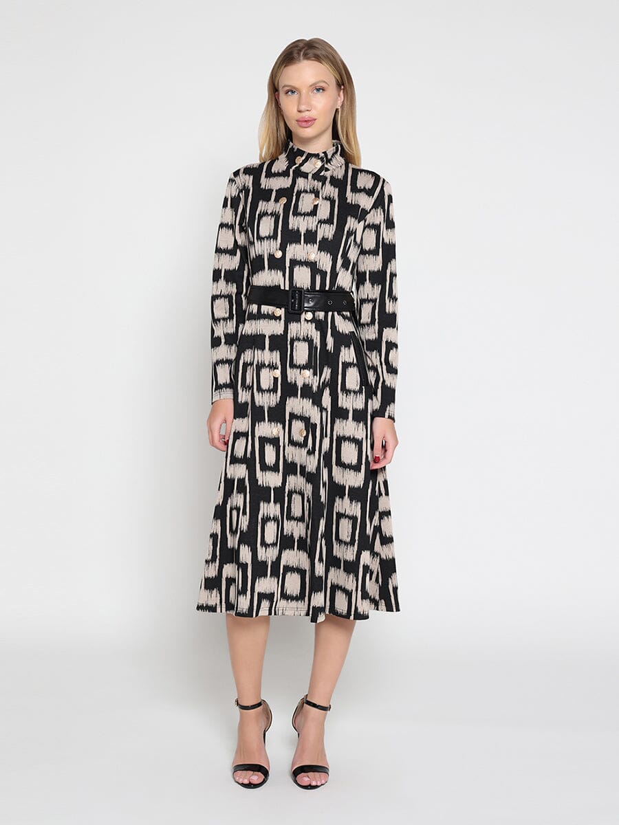 Gracia Fashion Women's Double Breasted Long Sleeve Belted Print Dress