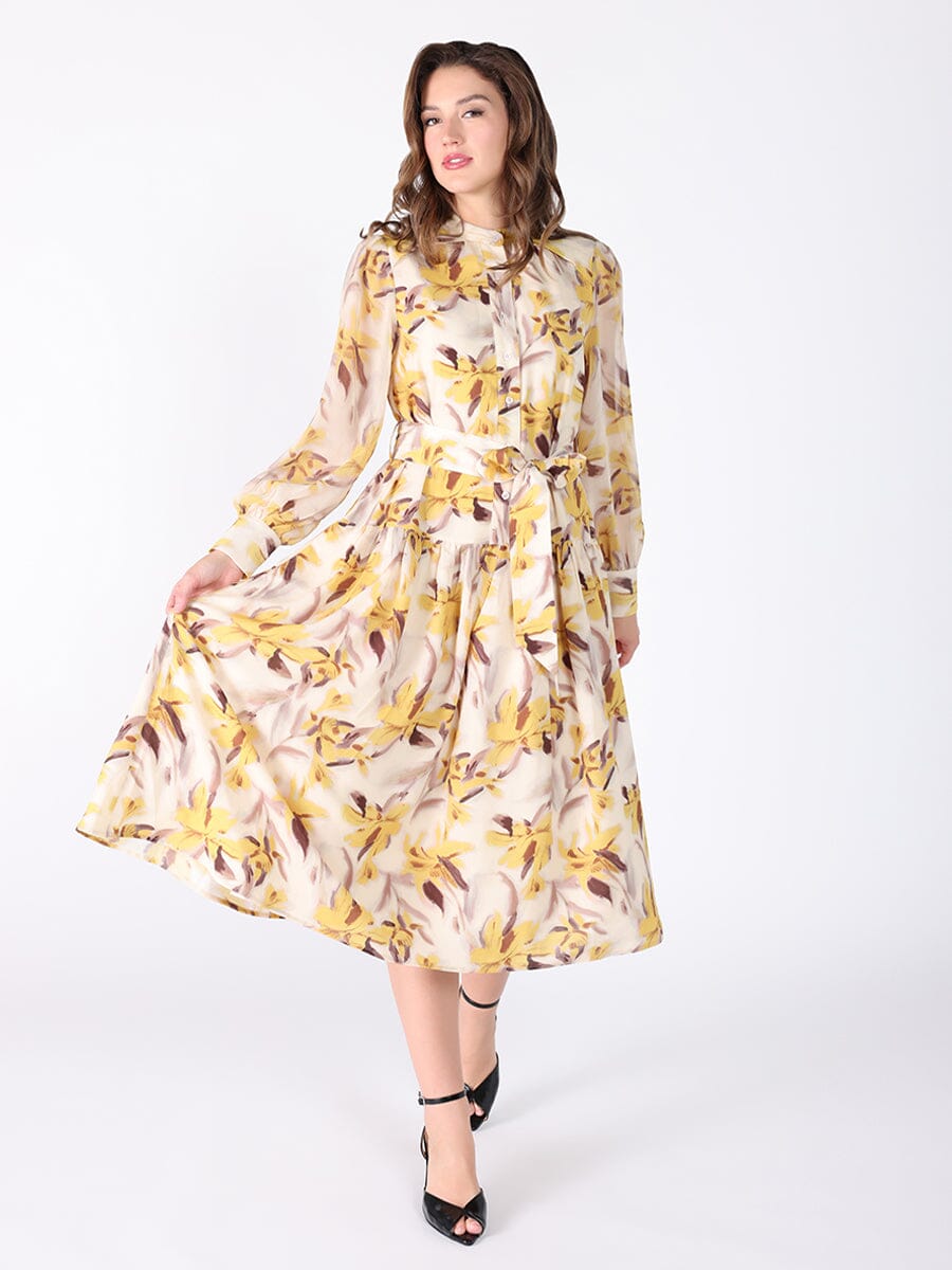 Gracia Fashion Women's Floral Printed Long Sleeve Belt Dress