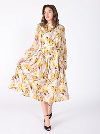 Gracia Fashion Women's Floral Printed Long Sleeve Belt Dress